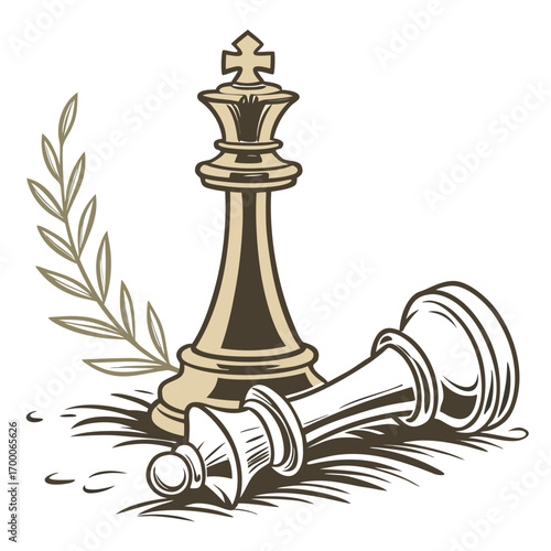 Vector art of chess game illustration showing a fallen king piece next to a standing king piece with a laurel branch, representing victory, strategy, and achievement