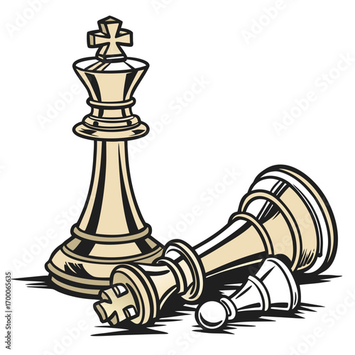 Vector art of a golden chess king stands victorious over fallen queens and a pawn, symbolizing strategic dominance and the culmination of a successful game