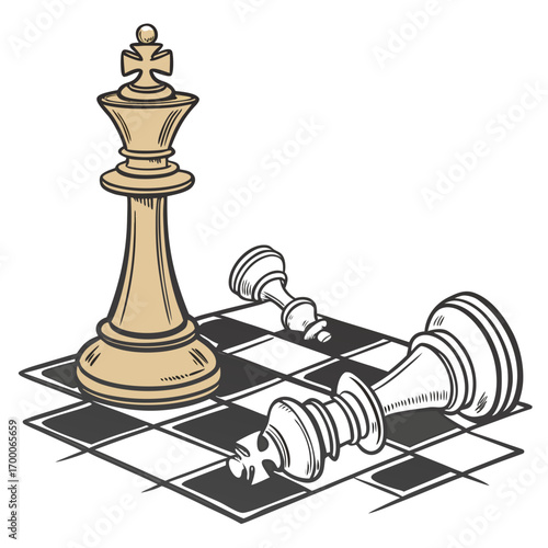 Vector art of chess game illustration featuring a fallen king piece, a pawn, and a standing king piece on a chessboard, symbolizing strategy, defeat, and gameplay