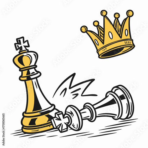 Illustration of a golden crown and chess pieces, depicting a game of strategy, power, and defeat in a conceptual battle for royalty