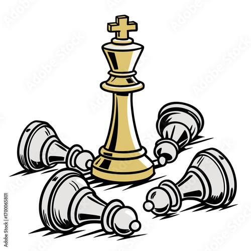Vector art of a golden chess king stands tall amidst fallen silver pawns, symbolizing victory and strategic dominance the contrast highlights the kings power and the pawns sacrifice