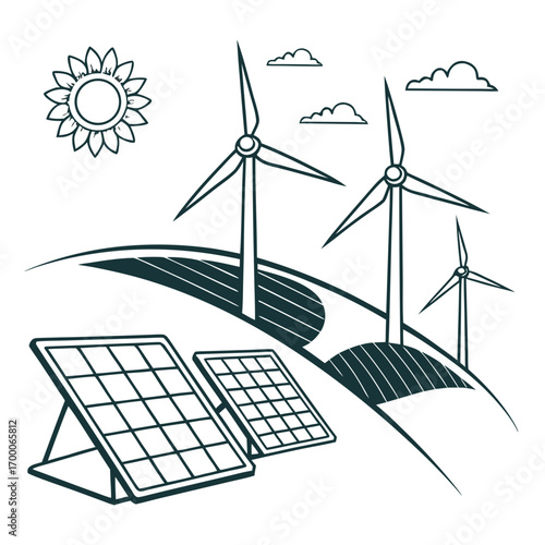 Illustration of sustainable energy sources, featuring wind turbines and solar panels, symbolizing clean power generation and environmental responsibility
