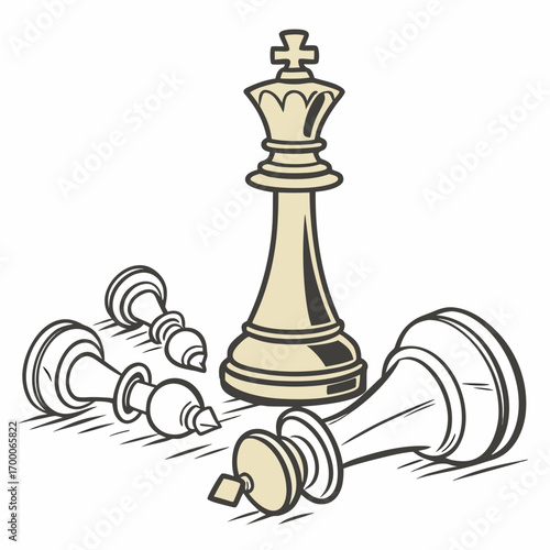 Illustration of a chess king standing among fallen pawns concept of strategy, leadership, and success in business or life, with a focus on achieving victory