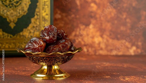 Dried dates in a decorative bowl near a book