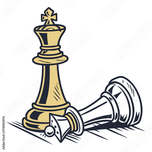 Vector art of a vector illustration of two chess pieces, a standing king and a fallen queen, , symbolizing strategy, defeat, and the game of chess