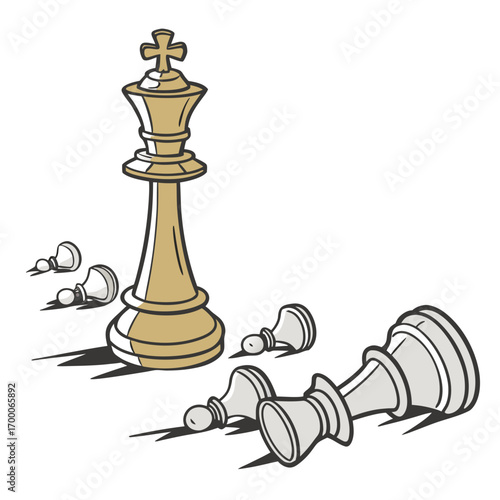 Illustration of a chess game with a king standing tall among fallen pawns, symbolizes strategy, victory, and resilience in the face of adversity, perfect for business concepts