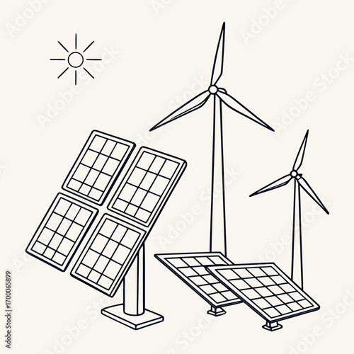 Illustration of solar panels and wind turbines generating clean energy, a sustainable and ecofriendly solution for a greener future with renewable power