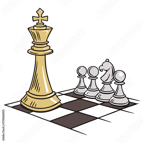 Vector art of a cartoon illustration of a chess game on a checkered board with a king piece standing tall against pawns and a knight, representing strategic gameplay