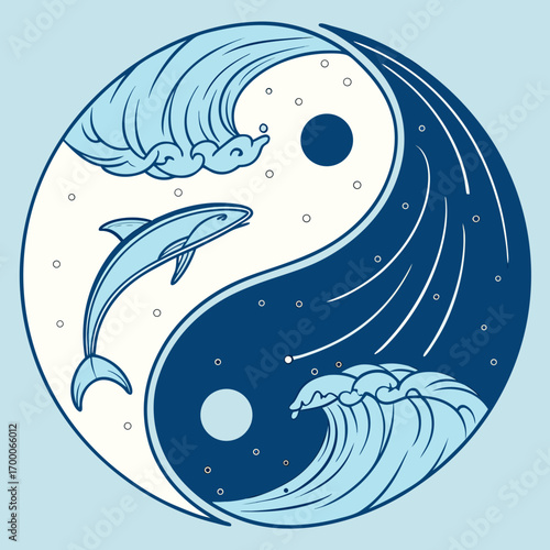 Vector art of an illustration of a yin and yang symbol with a dolphin and waves, representing balance, harmony, and the interconnectedness of nature and marine life
