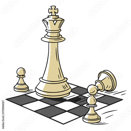 Vector art of a chess game illustration featuring a king piece standing tall while two pawn pieces are on the ground, symbolizing strategy, competition, and the game of chess