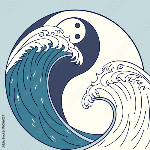 Vector art of yin and yang symbol with waves, representing balance and harmony in nature, a minimalist design with a serene color palette