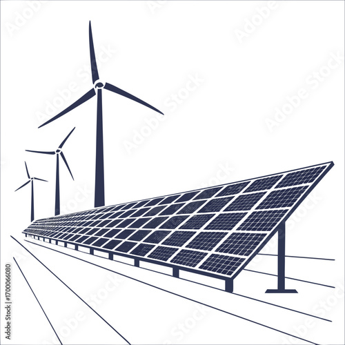 Vector art of wind turbine and solar panel farm, illustrating sustainable energy sources and environmental consciousness in a minimalist design