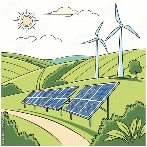 Illustration of a sustainable landscape with solar panels and wind turbines generating clean energy, set against rolling green hills and a bright sun