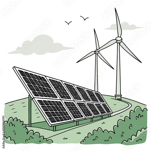 Illustration of a sustainable energy landscape featuring solar panels and wind turbines on a green hill, promoting renewable power and environmental consciousness