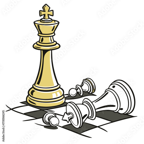 Illustration of a chess king standing victorious over fallen pawns, , symbolizing strategy, leadership, and triumph in a game of intellect
