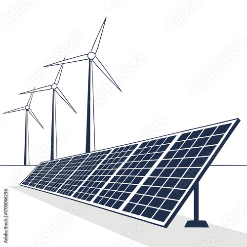 Illustration of solar panels and wind turbines generating clean energy, , symbolizing sustainable power and environmental consciousness for a greener future
