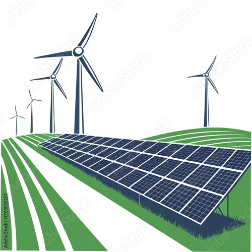Illustration of a sustainable energy landscape with wind turbines and solar panels on a green field, promoting renewable energy and environmental conservation