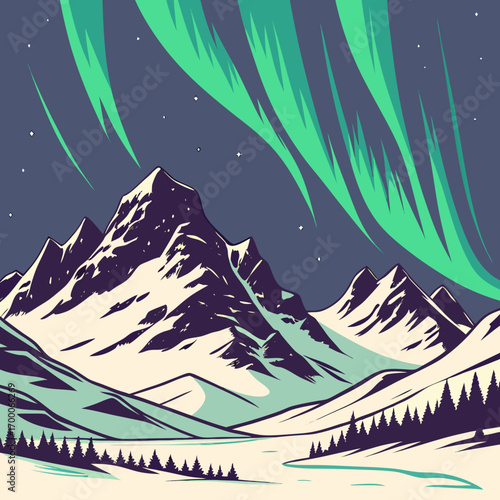 Vector art of vibrant vector art of snowcapped mountains under a mesmerizing aurora borealis, capturing the serene beauty of the arctic landscape with its majestic peaks and dancing green lights