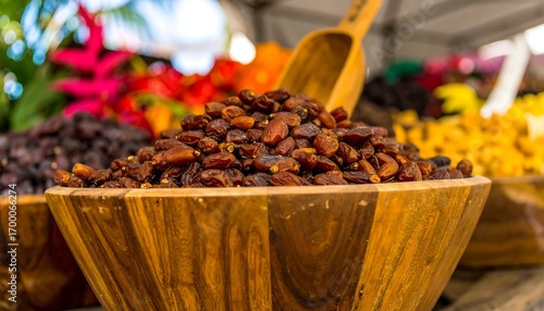 Dried dates in a wooden bowl at a market (1)