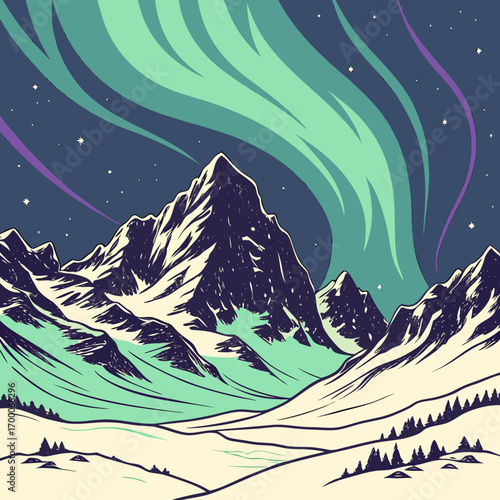 Vector art of breathtaking vector illustration of snowcovered mountains beneath the ethereal glow of the aurora borealis, showcasing the magical allure of the northern lights in a winter wonderland