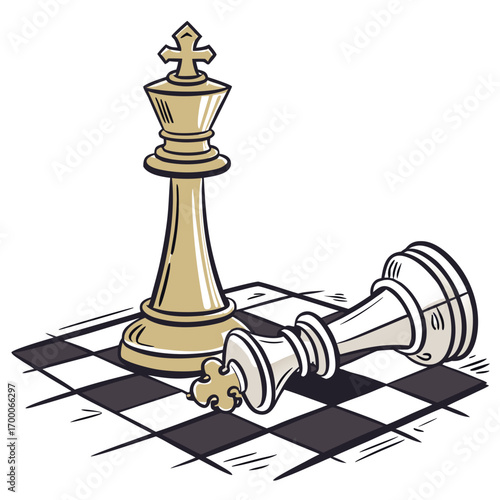 Vector art of illustration depicting a victorious chess king standing tall over a fallen opponent on a checkered board, a symbol of strategy, triumph, and defeat in the game of chess