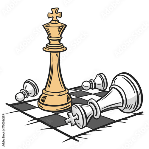 Vector art of illustration showcasing a victorious chess king standing proudly amidst fallen pawns and a defeated king on a checkered board, a visual metaphor for strategic dominance