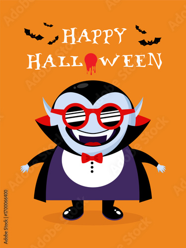 Halloween greeting card with stylish cartoon Dracula vampire in sunglasses. Vector illustration