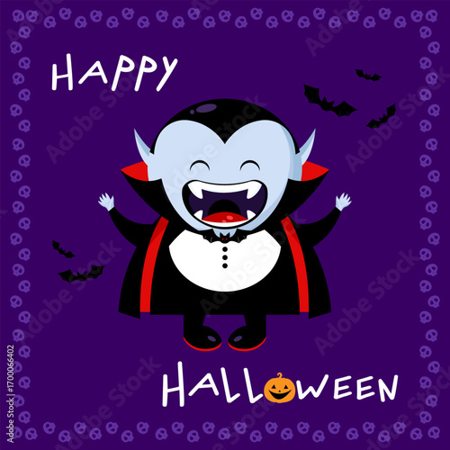 Halloween greeting card with cartoon laughing Dracula vampire and bats. Vector illustration