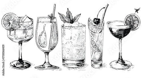 Elegant cocktail sketch illustration featuring five distinct drink variations for graphic design projects