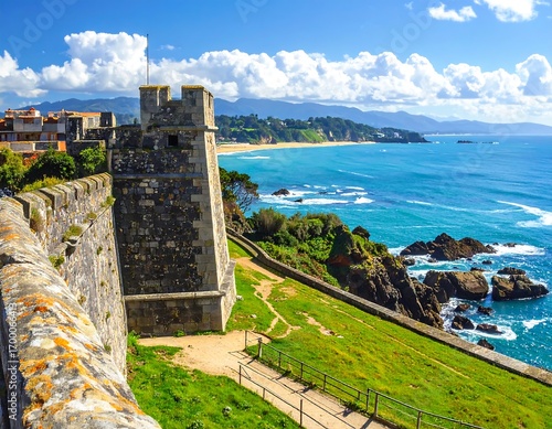 Dramatic coastal fort with turquoise ocean and mountain backdrop scenery