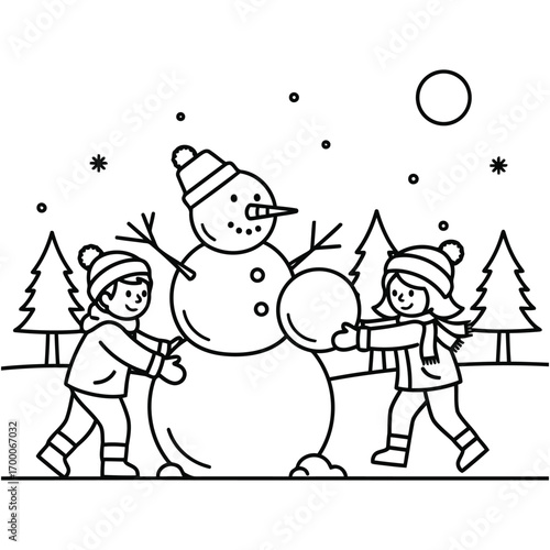 Children Building A Snowman Together During A Winter Snowfall Outdoor Activity