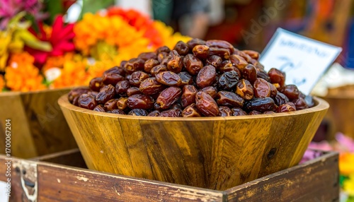 Dried dates in a wooden bowl at a market