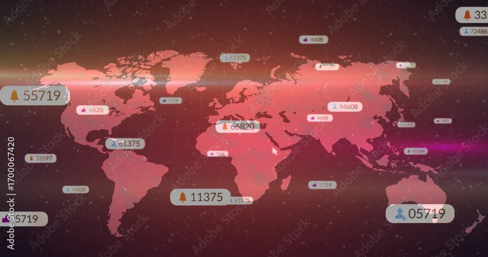 Naklejka premium Displaying see-through red world map floating on dark red grid, with data labels, icons, particles