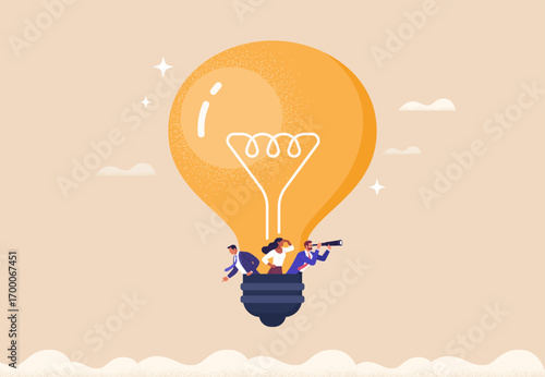 Business Idea Concept. Vector illustration in cartoon flat style of a business team flying on a light bulb balloon. Isolated on background.
