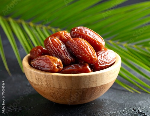 Dried dates in a wooden bowl