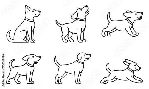 Various Line Art Depictions of Dogs Showing Different Breeds, Poses, and Actions on White Background with Different Styles