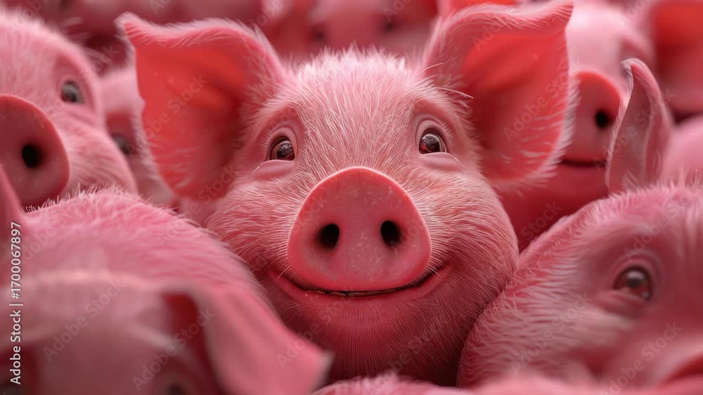 Smiling pig surrounded by other pigs, showing a happy and social ...