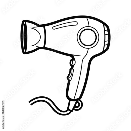 Simple black and white line art illustration of a hairdryer for styling and beauty concepts