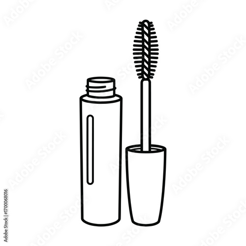 Black and white line art of an open mascara tube with applicator wand for beauty and cosmetic design.