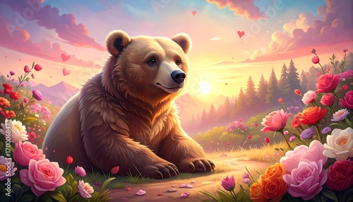 A brown bear rests amidst a vibrant display of flowers and hearts, bathed in the warm glow of a tranquil sunrise.
