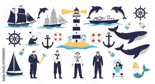 Nautical voyage adventure collection featuring marine life maritime symbols and sailor characters
