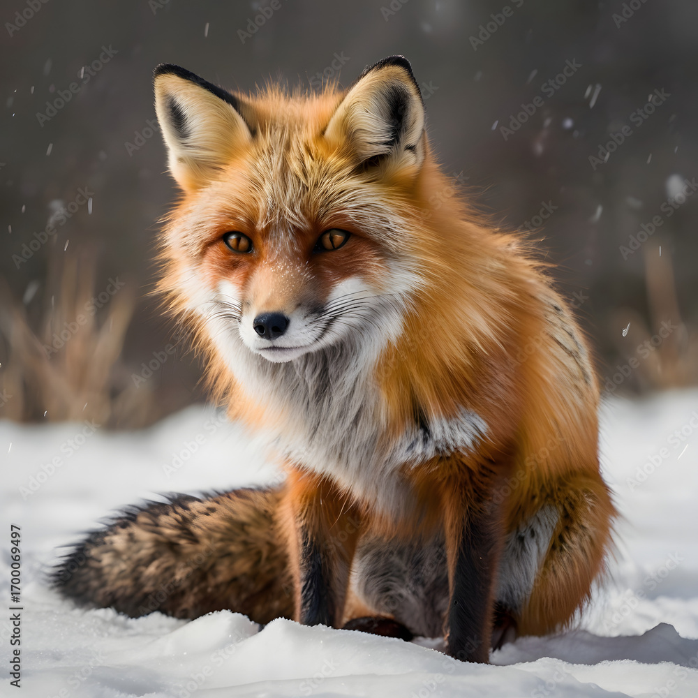 Obraz premium A captivating portrait of a majestic fox, its vibrant red fur contrasted against the snowy landscape, with keen eyes that tell a story of wilderness.
