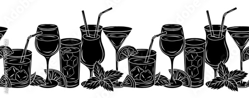 Vector seamless border with black silhouette of cocktail glasses, lemon slices, and mint leaves. Monochrome horizontal friezes with drinks. Ideal for menu, summer designs