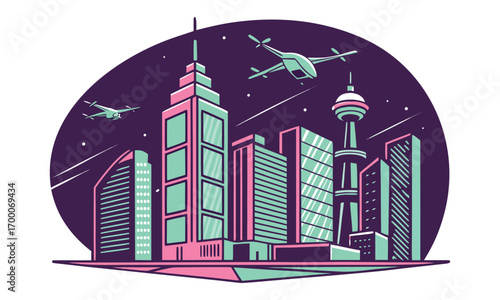 Futuristic Cityscape at Night: Cyberpunk Urban Scene with Drones and Neon Lights