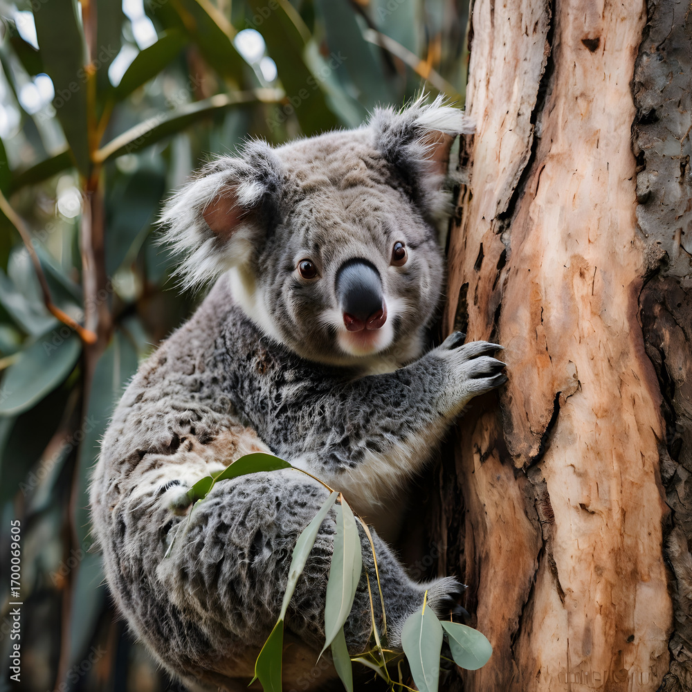 Fototapeta premium A fluffy koala clings to a tree branch, a symbol of the wonders of the natural world, creating a serene image.