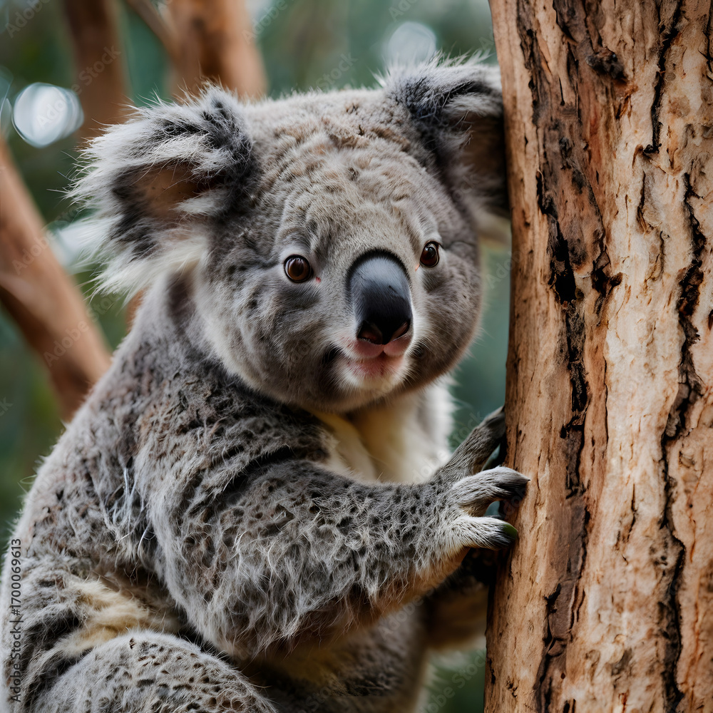 Obraz premium An adorable koala bear clings to the rough bark of a tree trunk. This charming image showcases the furry creature's unique features and natural habitat.