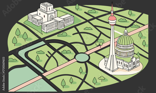 City Map with Landmarks: Urban Landscape with Famous Buildings, Streets, and Parks
