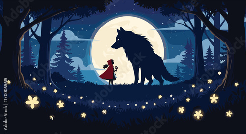 A little girl in a red cloak encounters a large wolf under a full moon in a dark forest with glowing flowers