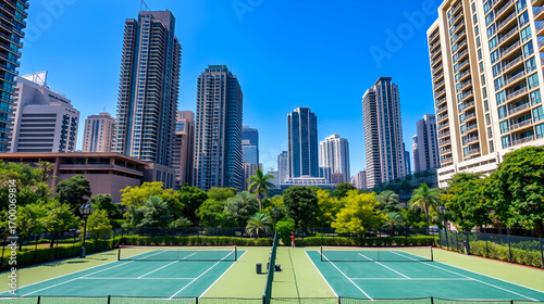 Urban tennis courts amidst skyscrapers.  City park with modern architecture, and two tennis courts in foreground. Lush greenery and bright blue sky