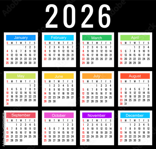 Calendar 2026 in black style, calendar week start on Sunday
